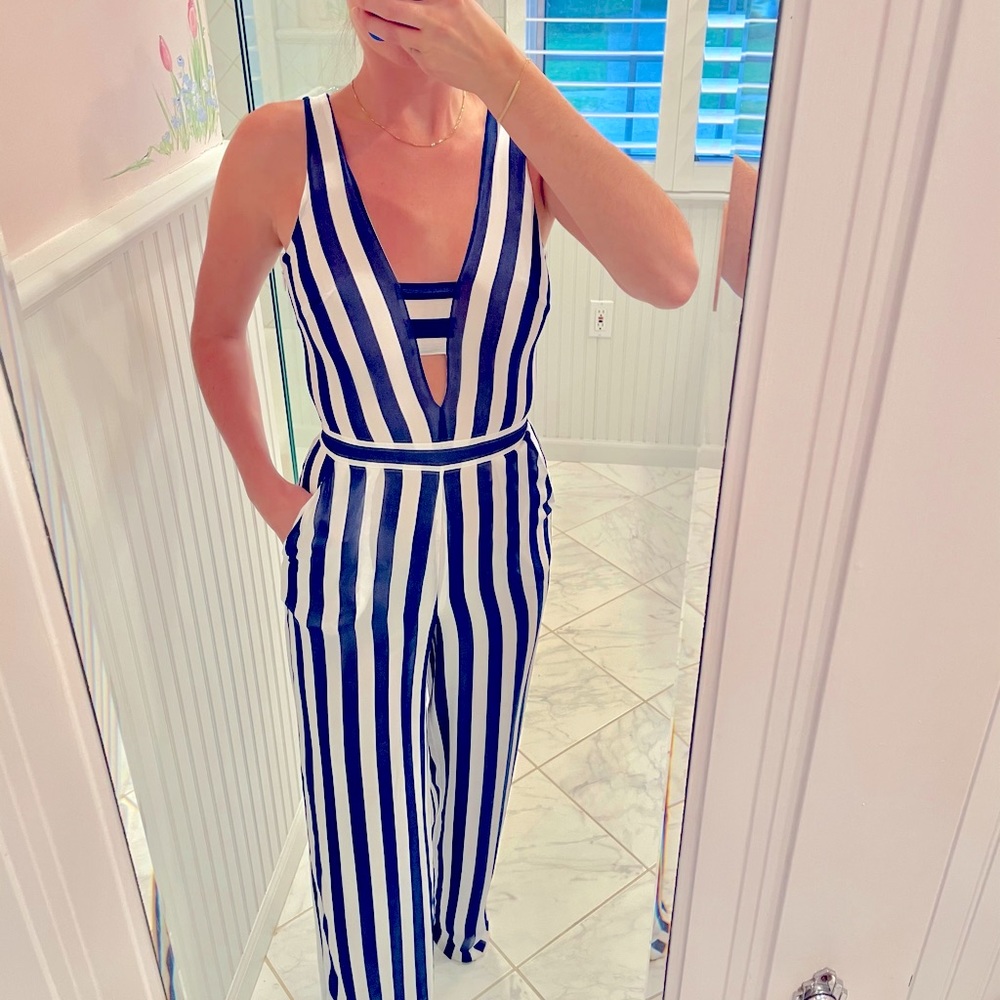 Bebe Blue Stripped Jumpsuit